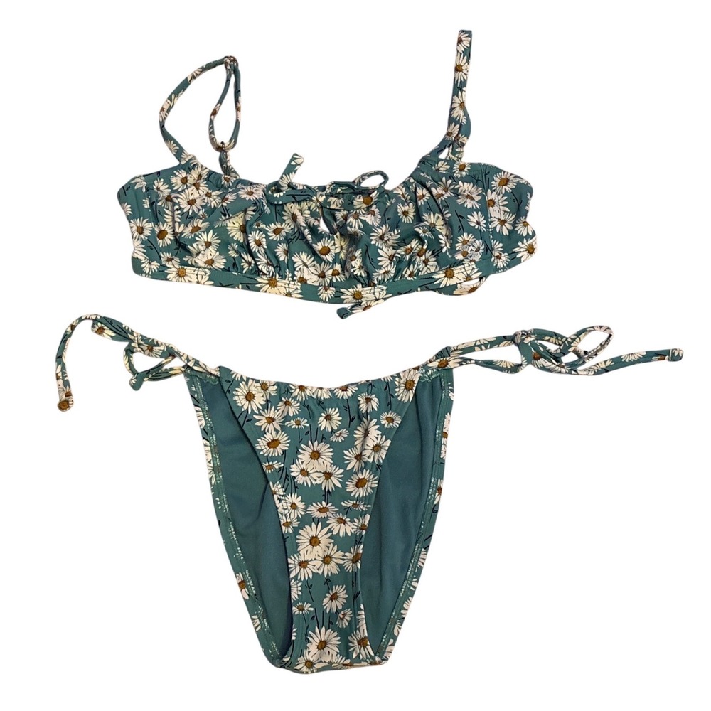 Xhilaration Womens Green Daisy Floral Bikini Set D/DD Top Small Bottom